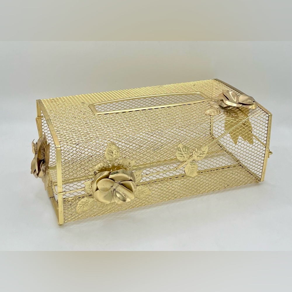 Vintage Gold Tone Metal Rose Tissue Box Cover Hollywood Regency Mesh Vanity MCM
